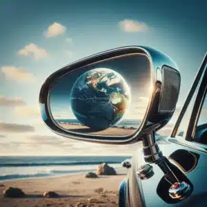 La Terre vue dans le rétroviseur d'une Bentley Flying Spur sur le thème du film Leave The World Behind