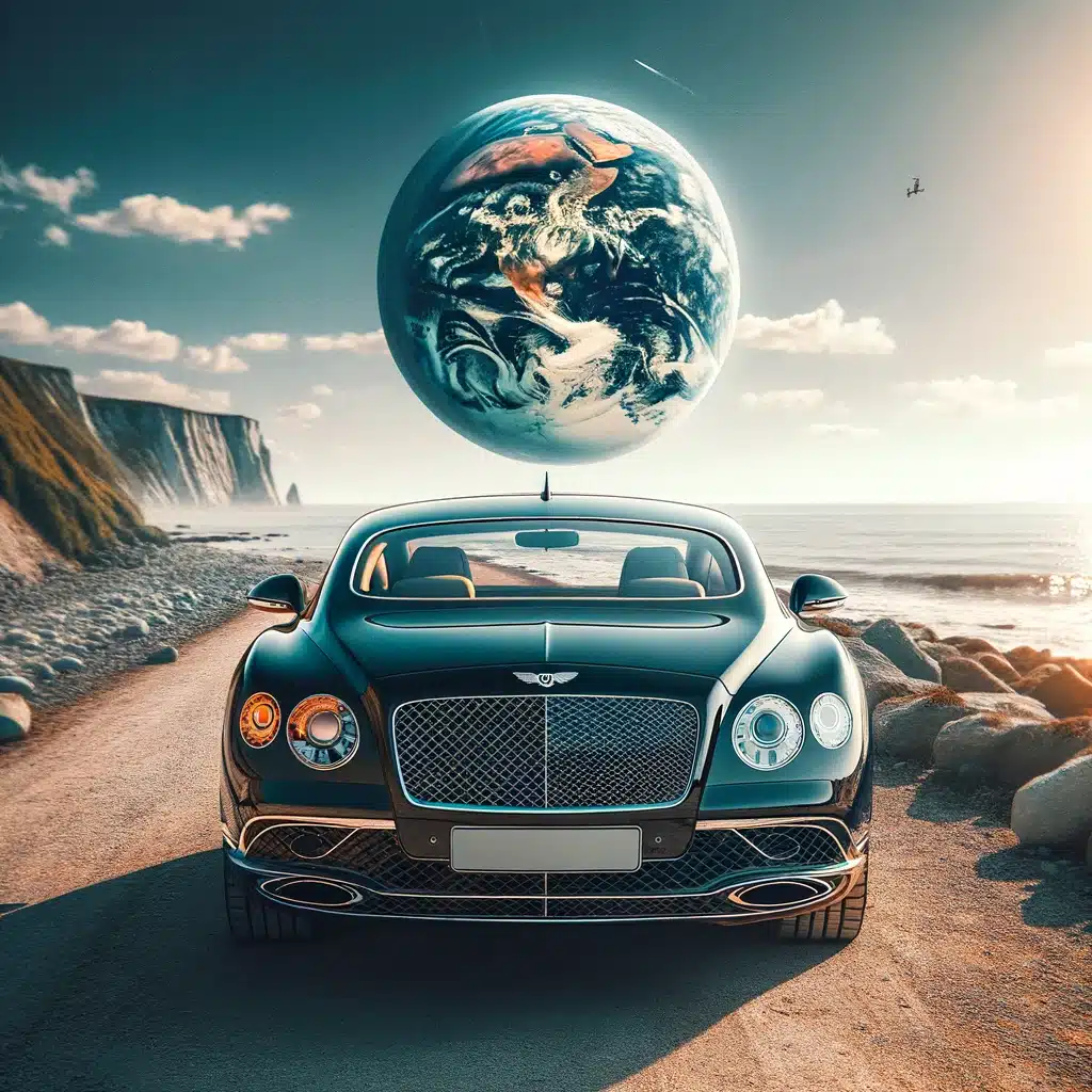 Bentley Flying Spur noire garée au bord de la mer avec la Terre reflétée dans le rétroviseur sous un ciel clair.