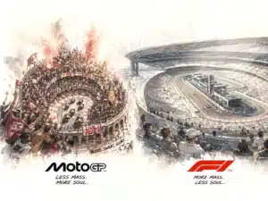 Illustration éditoriale opposant l'intensité du MotoGP à Jerez à la monumentalité plus froide de la Formule 1.