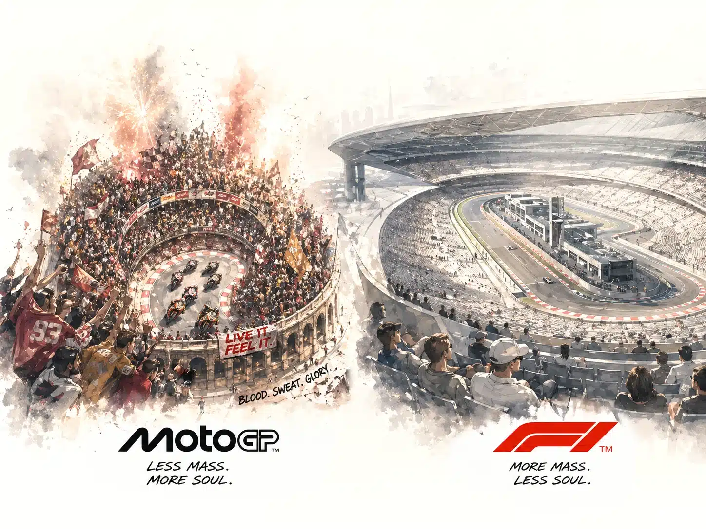 MotoGP vs F1 : moins de masse, plus d'âme Illustration éditoriale opposant l'intensité du MotoGP à Jerez à la monumentalité plus froide de la Formule 1.