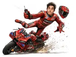 Illustration de Marc Márquez en équilibre impossible sur sa Ducati, symbole de sa victoire folle après une chute à Jerez 2026.
