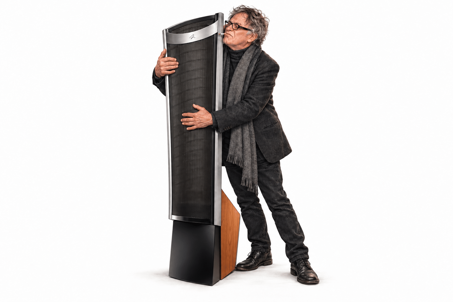 Portrait illustré d’Alain Duru embrassant une MartinLogan Prodigy au coffret en merisier, sur fond blanc.