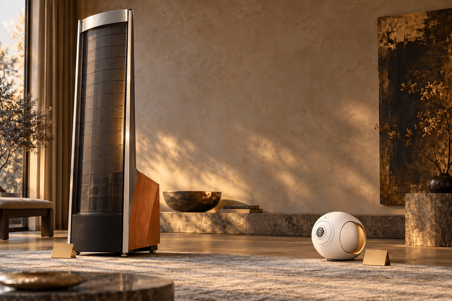 Une MartinLogan Prodigy et une Devialet Phantom Ultimate Opéra de Paris dans un salon, à leurs échelles respectives.